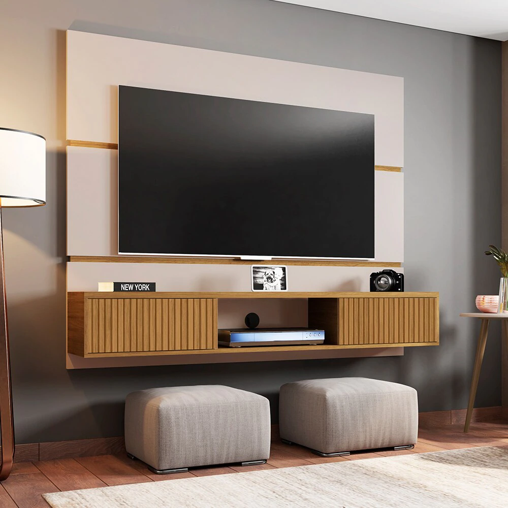Painel Âmbar para TV até 65 Polegadas Off White e Cinamomo 3D Ripado Móv Bechara