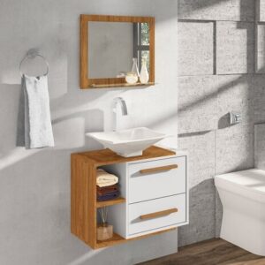 Gabinete para Banheiro Barcelona Bechara com Cuba e Espelho Cinamomo/Branco