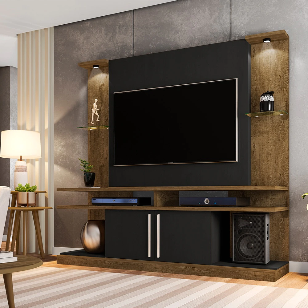 Estante Home York com LED e Prate de Vidro Madeira Rústica e Preto Fosco Bechara